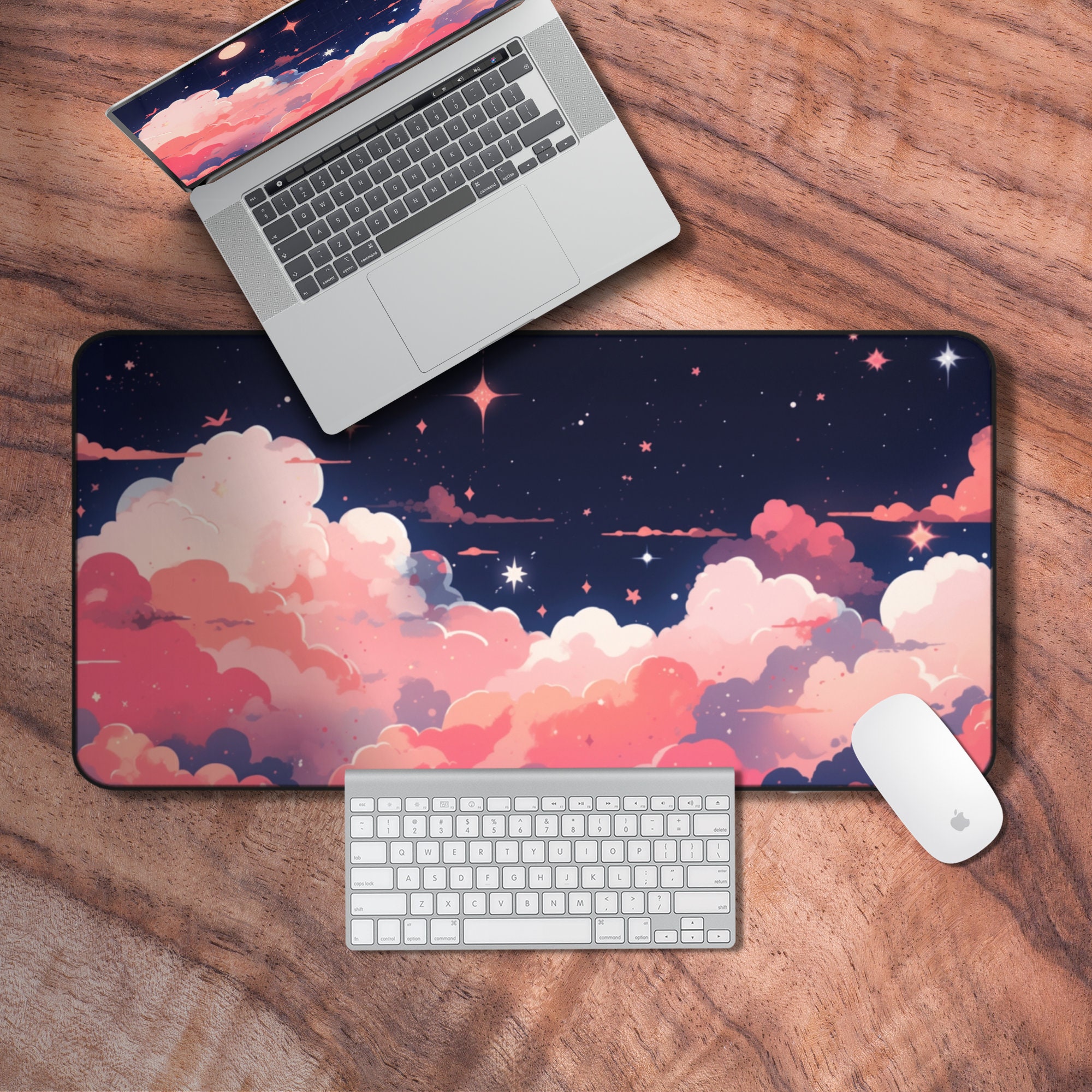 Navy Blue Desk Mat with Kawaii Cloud and Night Sky Theme