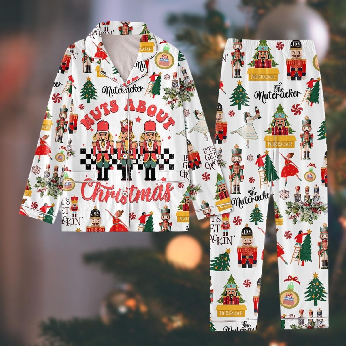 Nutcracker Christmas Pajamas Set, Nuts About Xmas Polyester Pjs, Santa Claus Nutcracker Shirt Pants Set, Tis The Season Holiday Pajama