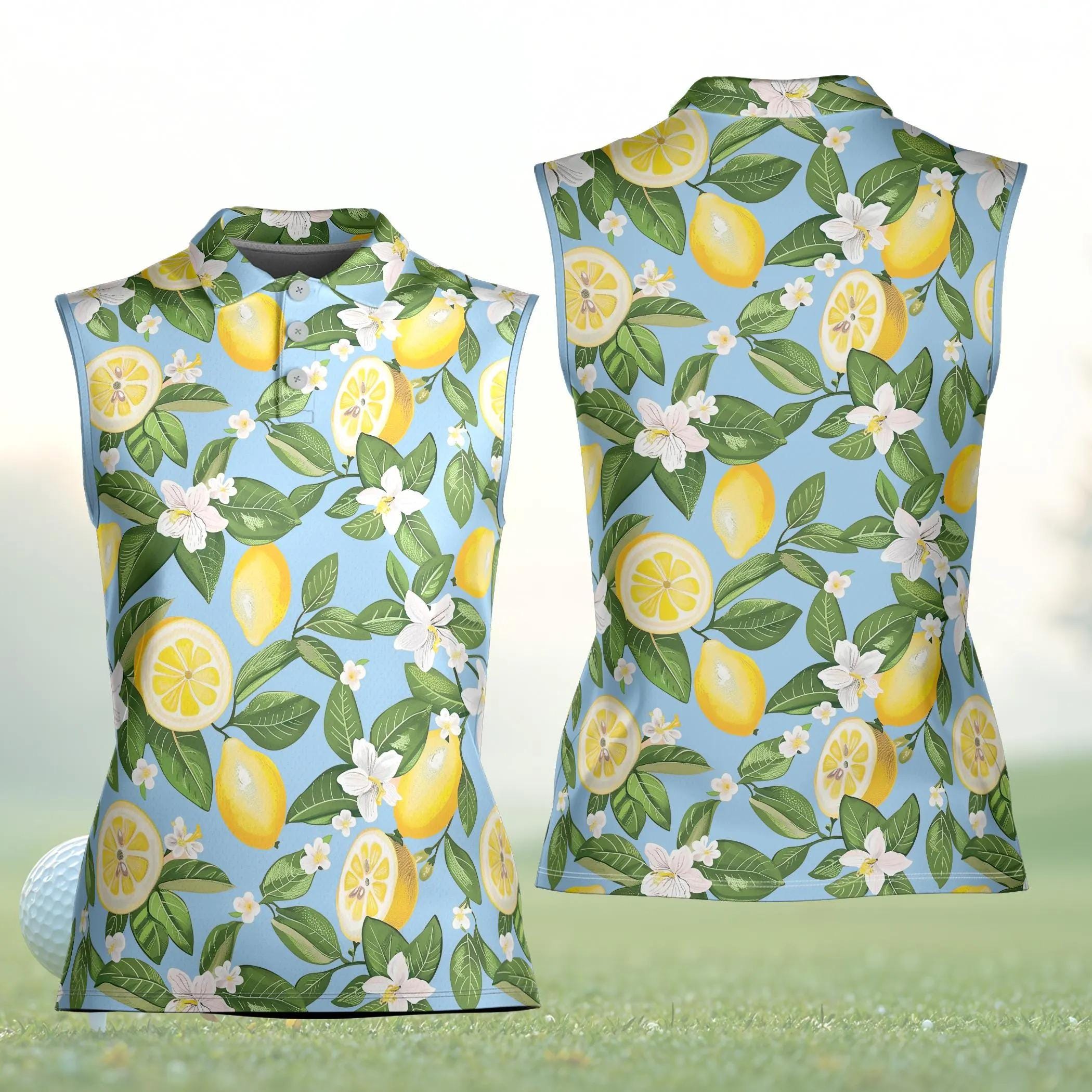 Lemon Blossom Women's Sleeveless Polo, Citrus Floral Golf Shirt for Women, Summer Botanical Country Club Top, Cute Vacation Activewear