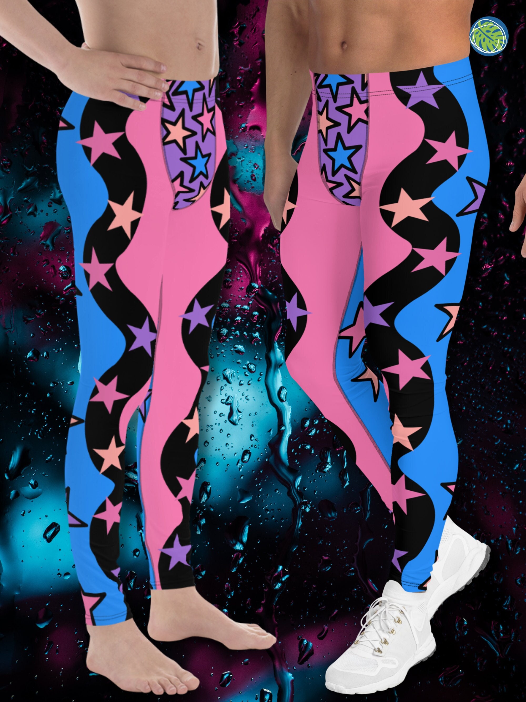 Men's Color Block Leggings, Spandex Long Tights, Pastel Wrestling Style Zigzag