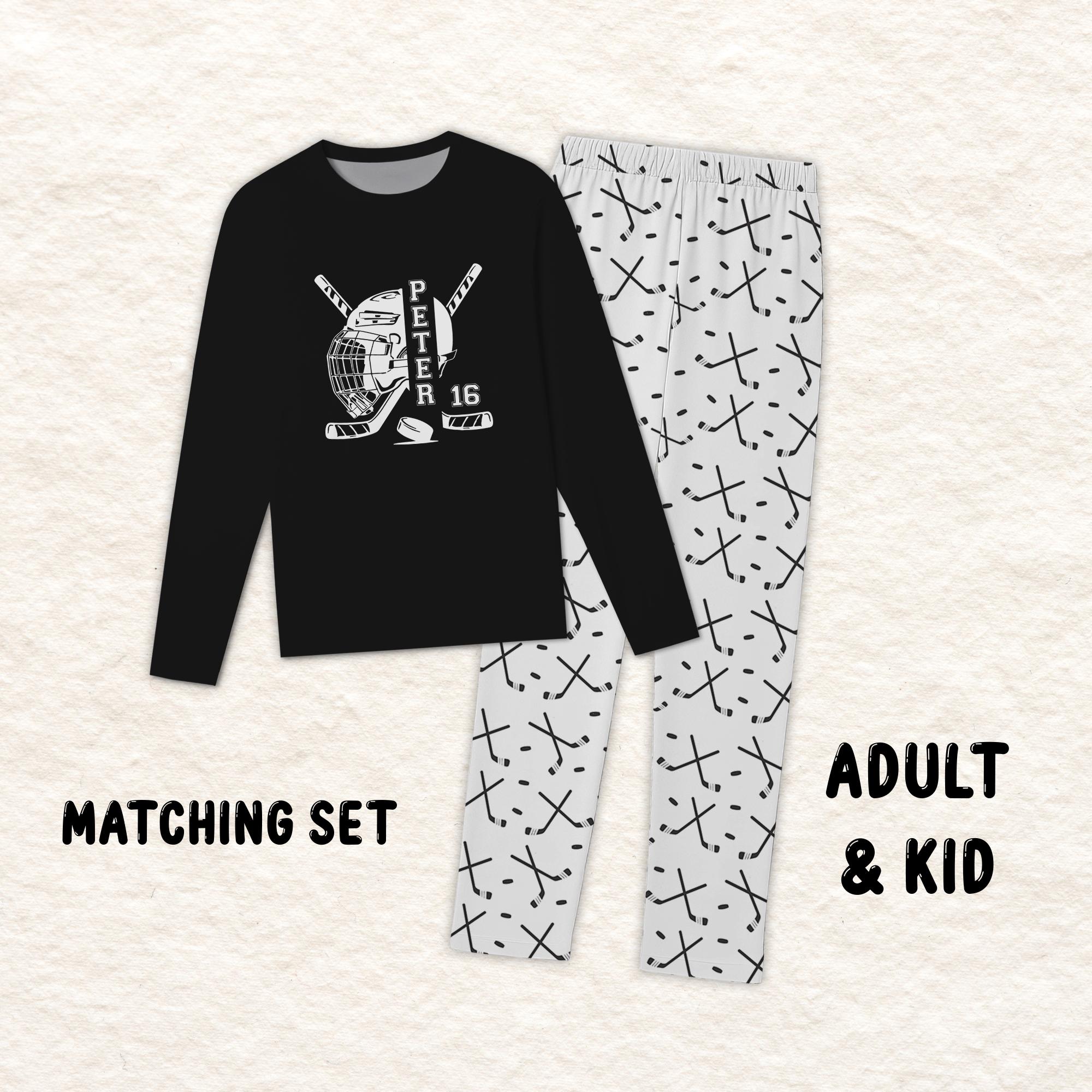 Personalized Hockey Pajamas, Family Matching Christmas PJs, Custom Hockey Gift with Name & Number, Hockey Goalie Pajama Set, Ice Hockey PJs