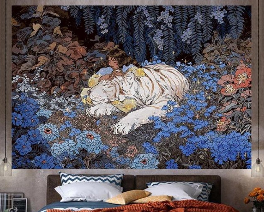 Girl Tiger Tapestry Psychedelic Mysterious Big Tapestry, Wall Hanging Cartoons Illustration