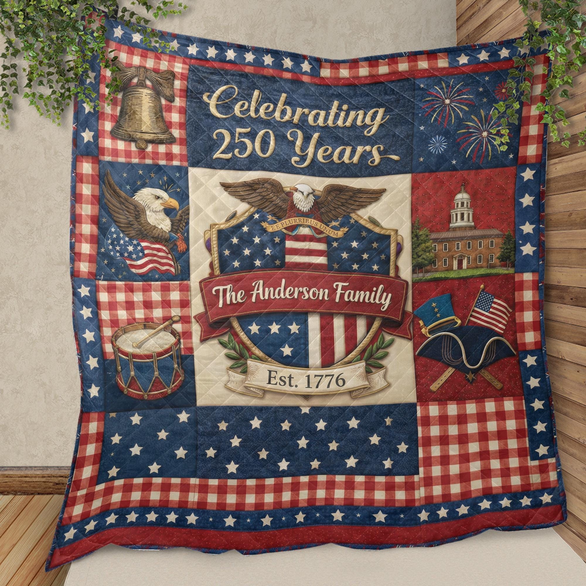 Personalized 250th Anniversary Patriotic Quilt, Custom Family Name 1776 Blanket, USA Eagle Fireworks Liberty Throw Gift