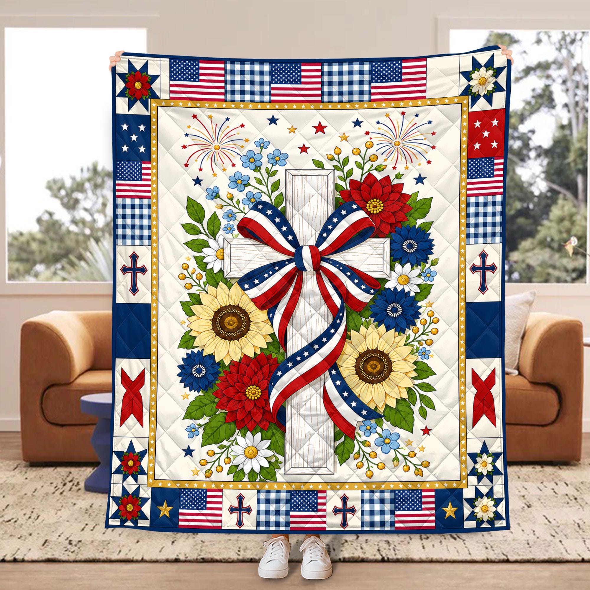 American Flag Cross Blanket, Patriotic Christian Quilt, Religious Throw Blanket, Faith Based USA Decor, Faith and Freedom Blanket, Patriotic