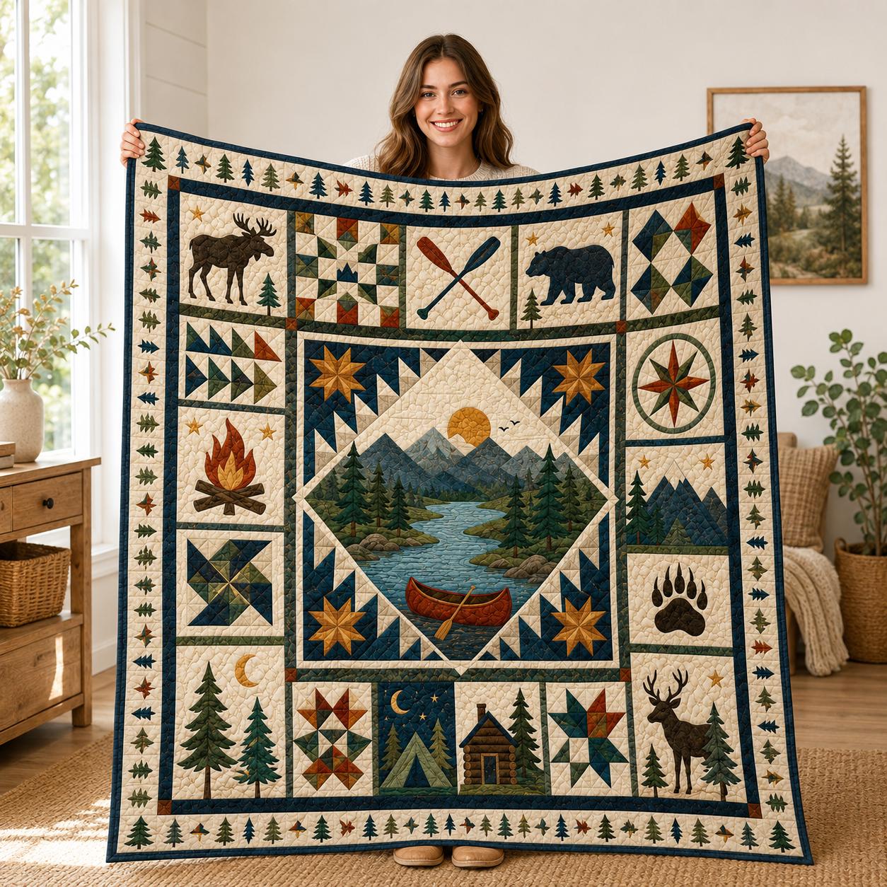 Mountain Camping Quilt Blanket, Rustic Canoe Cabin, Moose Bear Deer Pine Forest Blanket, Outdoor Lodge Decor Gift