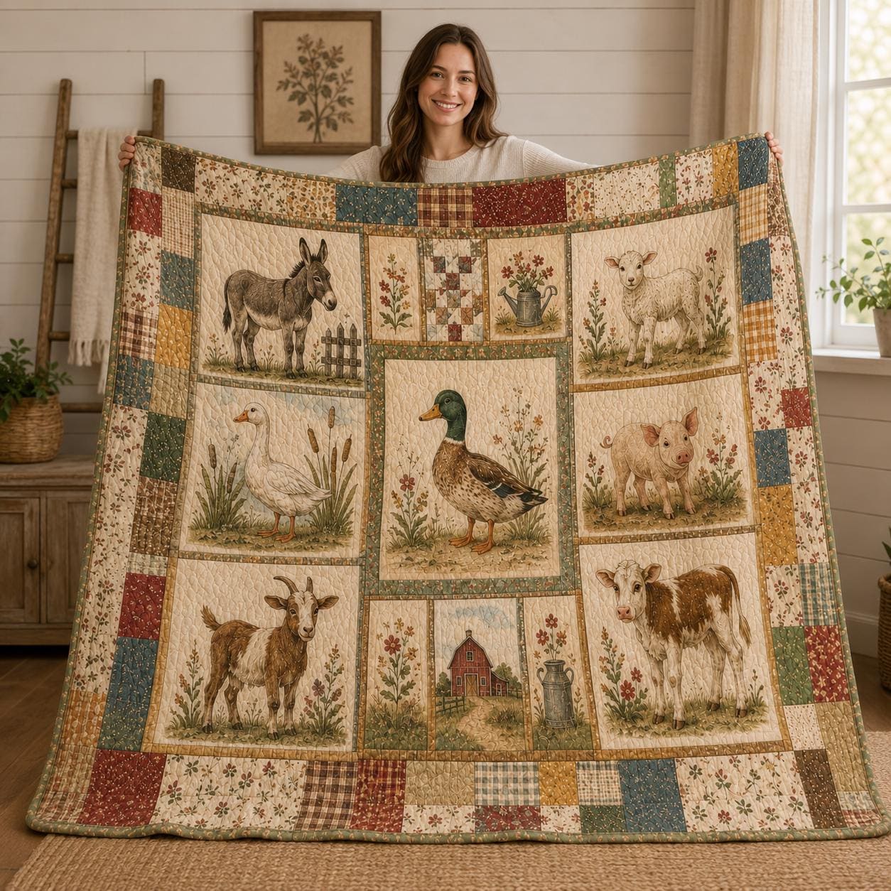 Farm Animals Quilt Blanket, Rustic Patchwork for Home, Cow Pig Duck Sheep Donkey Farmhouse Decor