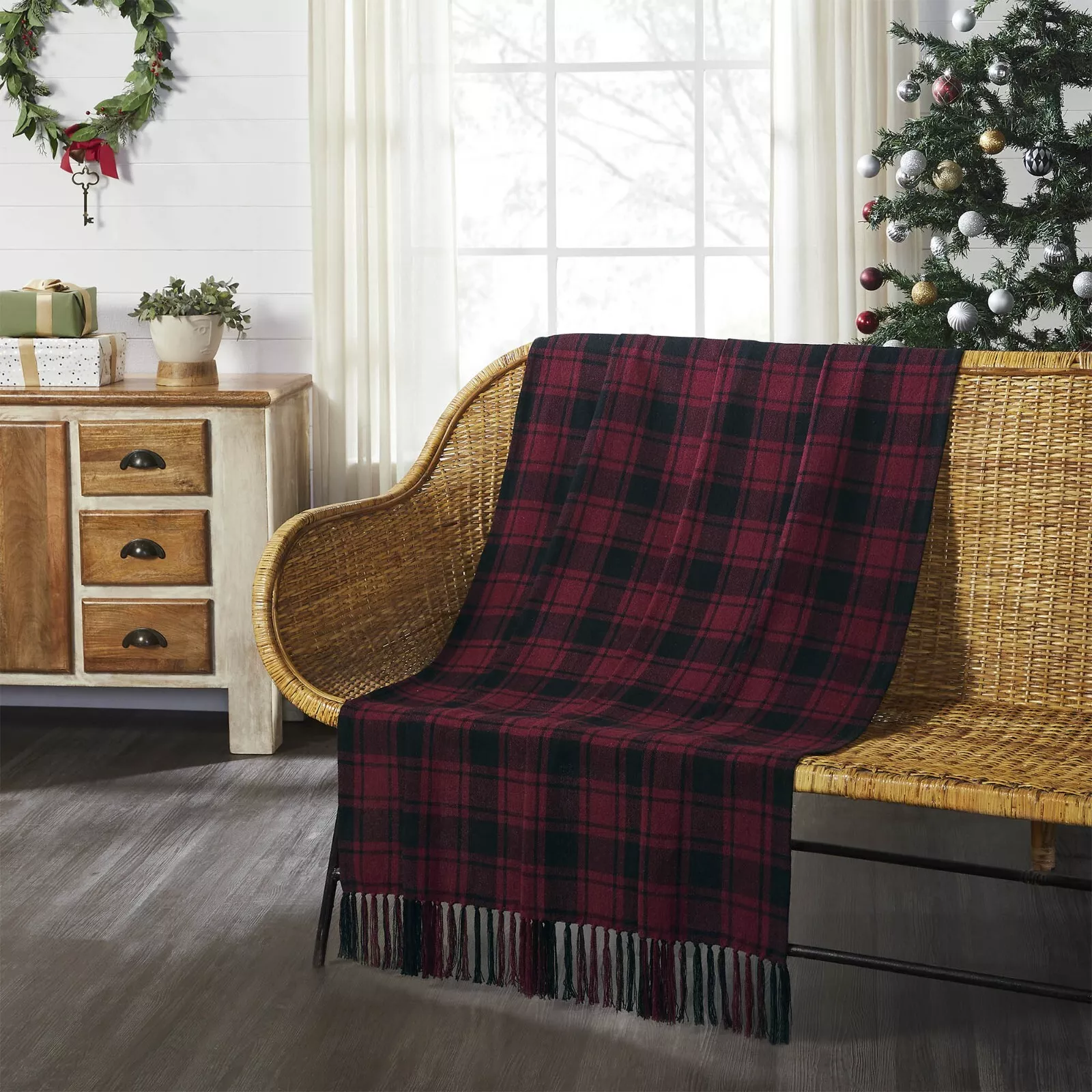 Cumberland Red Black Plaid Woven Throw 60x50 Country Primitive Lodge Cabin VHC