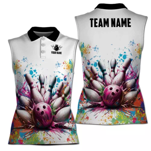 Personalized Colorful Spatter Bowling Strike Bowling Women Sleeveless Polo