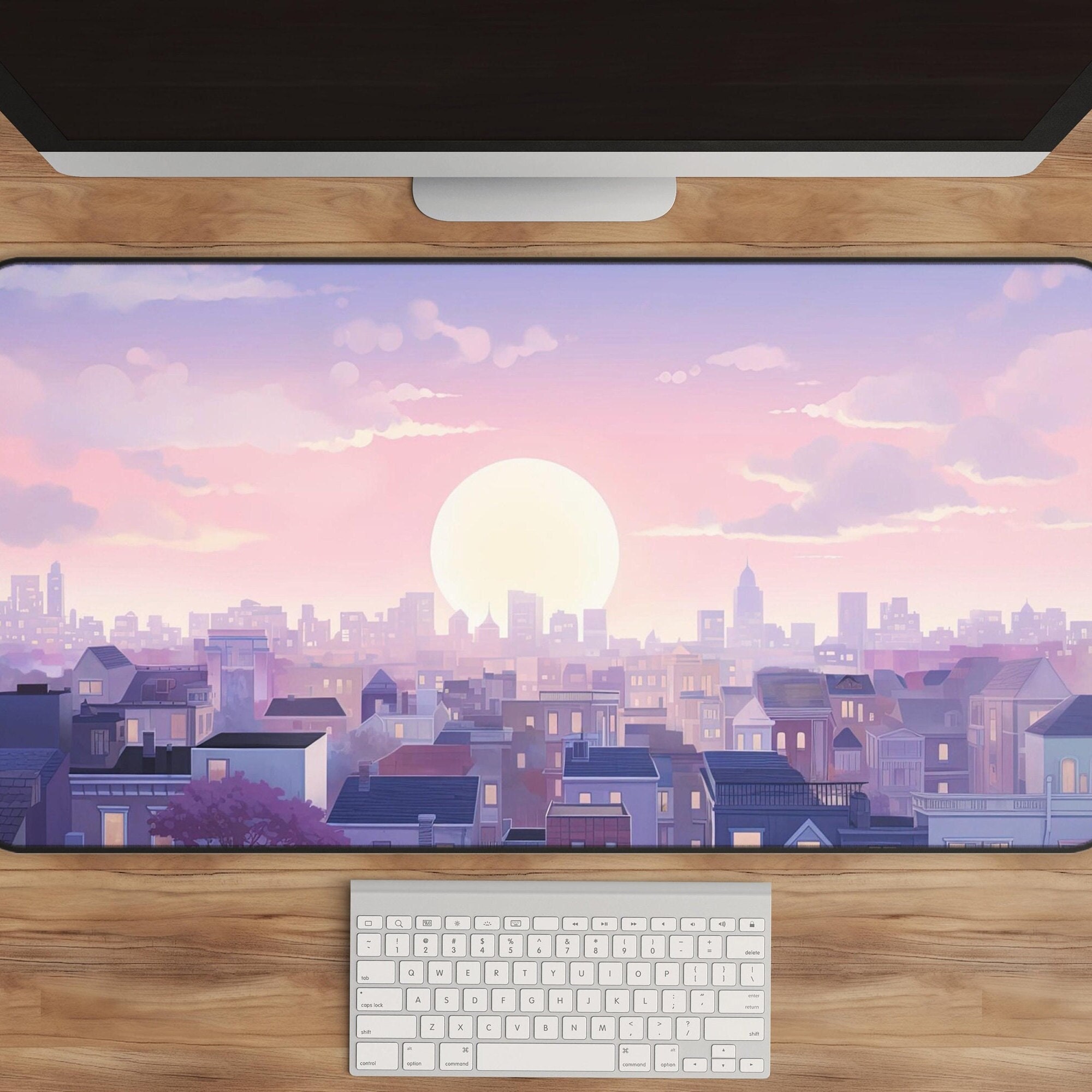 Anime Cityscape Desk Mat – Lofi Sunset Gaming Decor