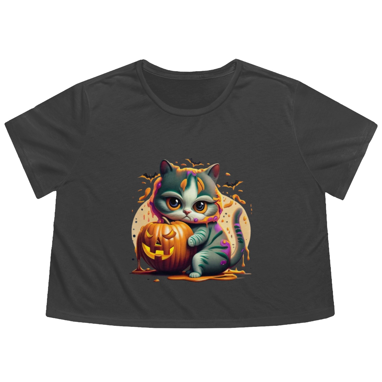Kitty Halloween pumpkin Flowy Cropped Tees