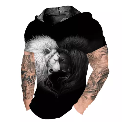 Men Hoodie Pullover Short Sleeve Black White Lions Print Sweatshirt LightWeight