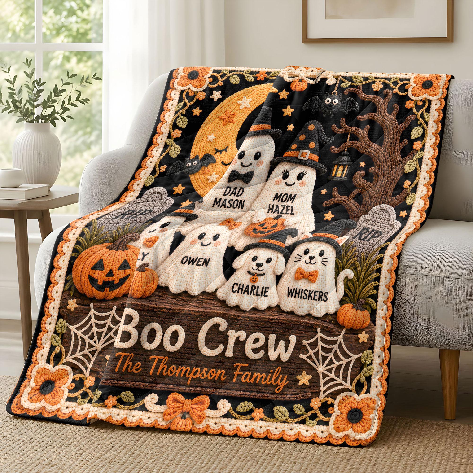 Personalized Boo Crew Family Quilt, Custom Ghost Family Halloween Blanket, Custom Names and Pets Spooky Crochet Style Keepsake
