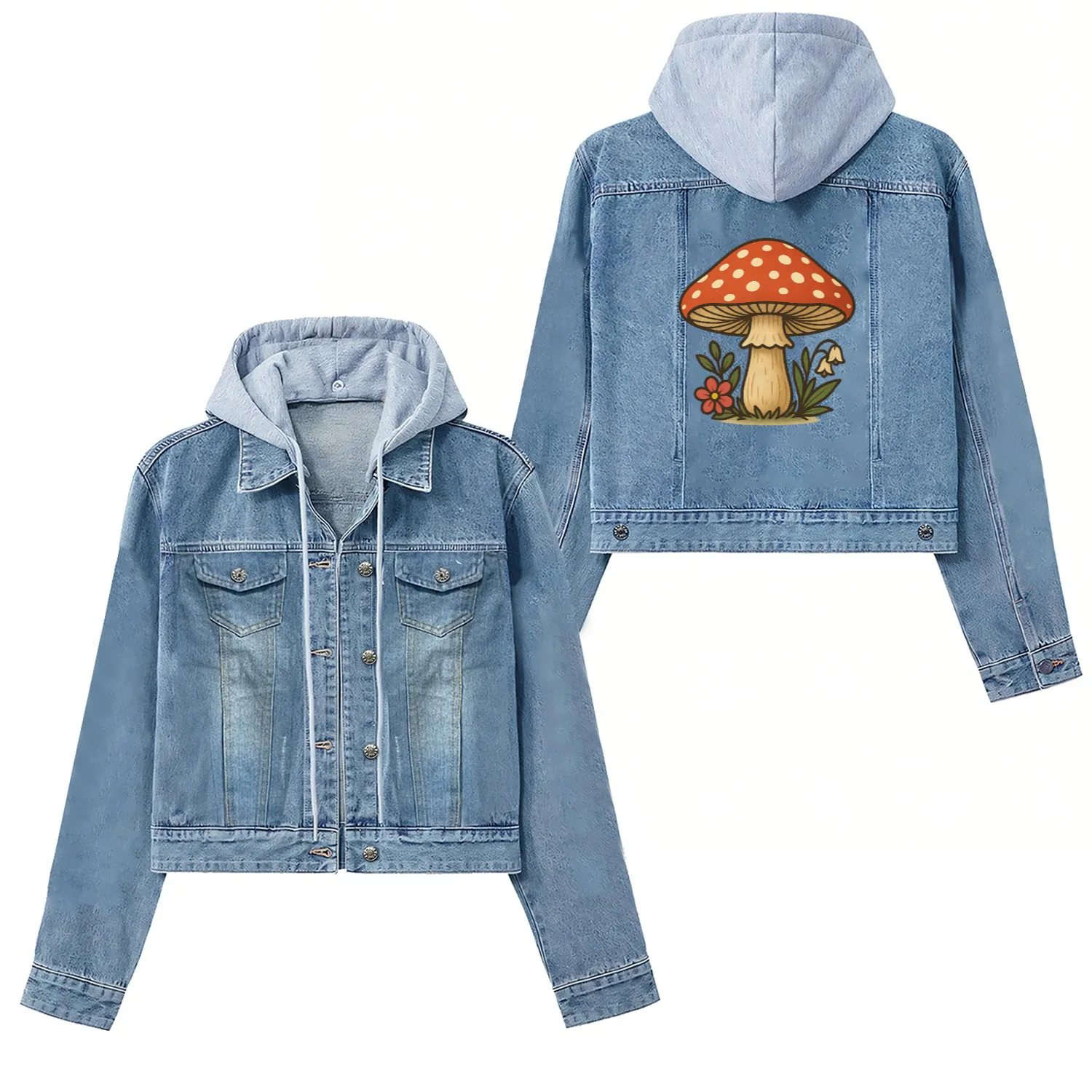 Whimsical Mushroom Illustration Women's Denim Jackets
