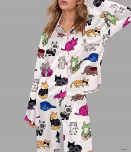 Cat Lovers Satin Pajama Set For Women Short Sleeve Unisex Size