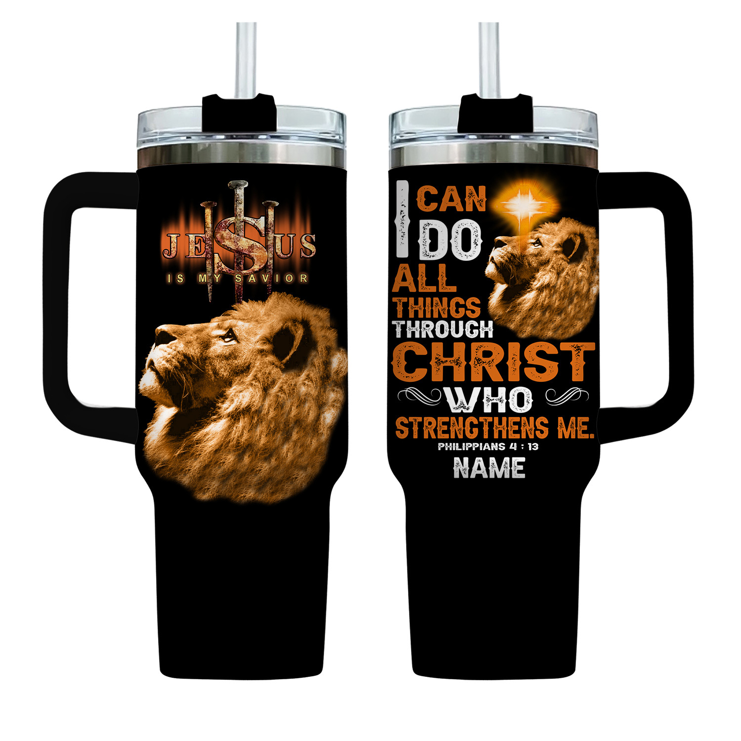 Personalized Jesus And Lion, I Can Do All Things Through Christ Who Strengthens Me 40 Oz Tumbler