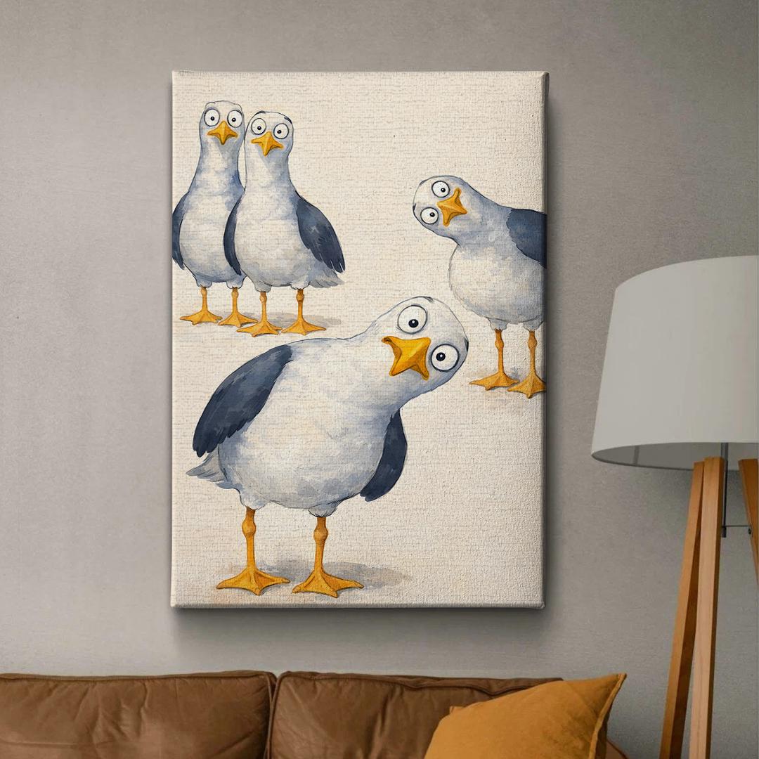 Seagull Canvas Wall Art, Coastal Bird Print, Beach House Decor, Nautical Nursery Art, Funny Seagull Poster, Framed Canvas Gift for Home