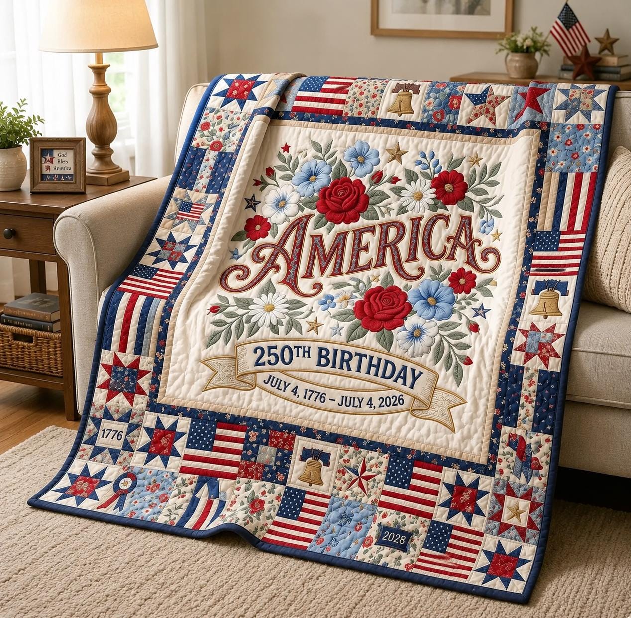 America 250th Birthday Quilt Blanket, Patriotic USA Blanket, July 4th 2026 Americana Quilt, Independence Day Gifts