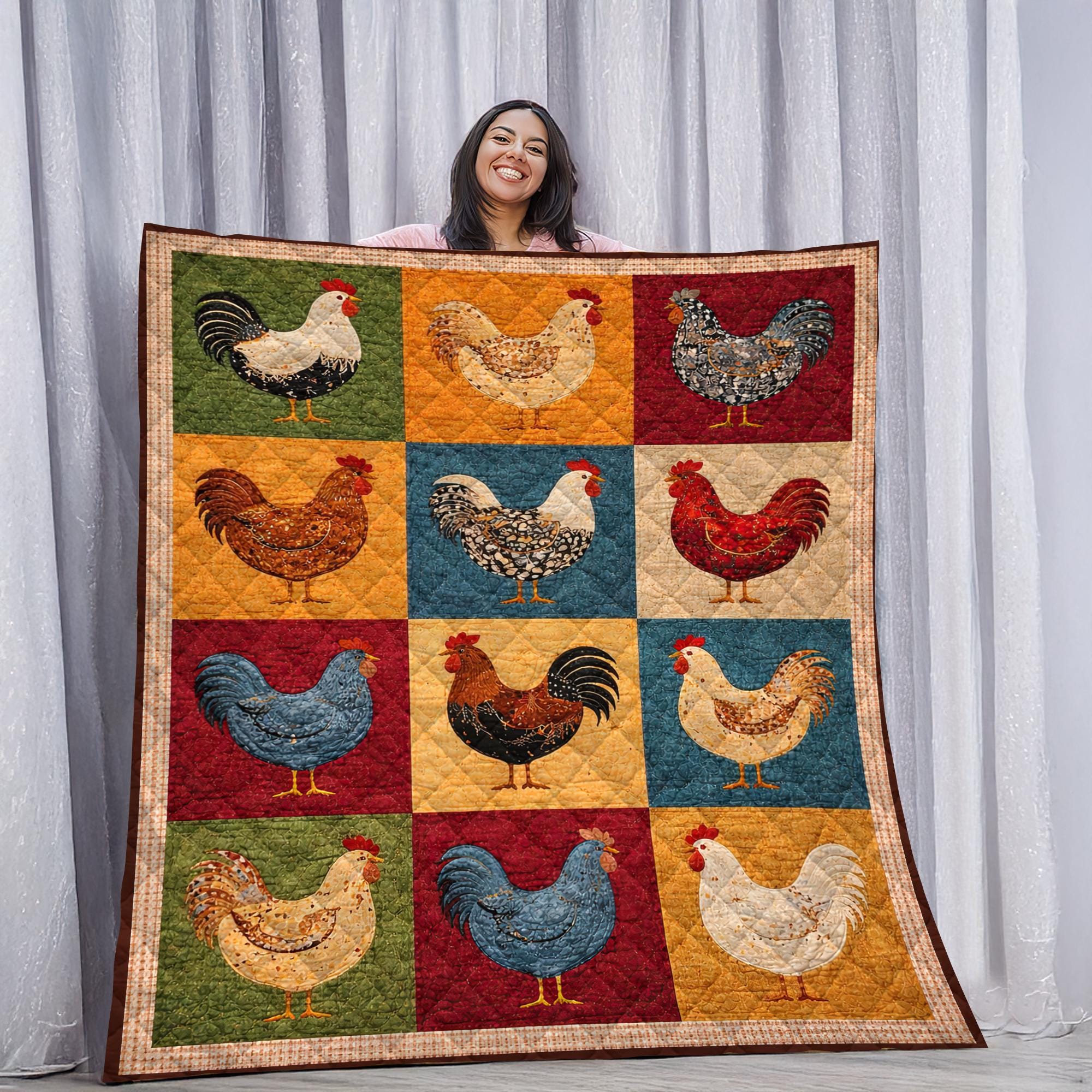 Farmhouse Chicken Quilt Blanket, Rustic Rooster Patchwork Throw Gift