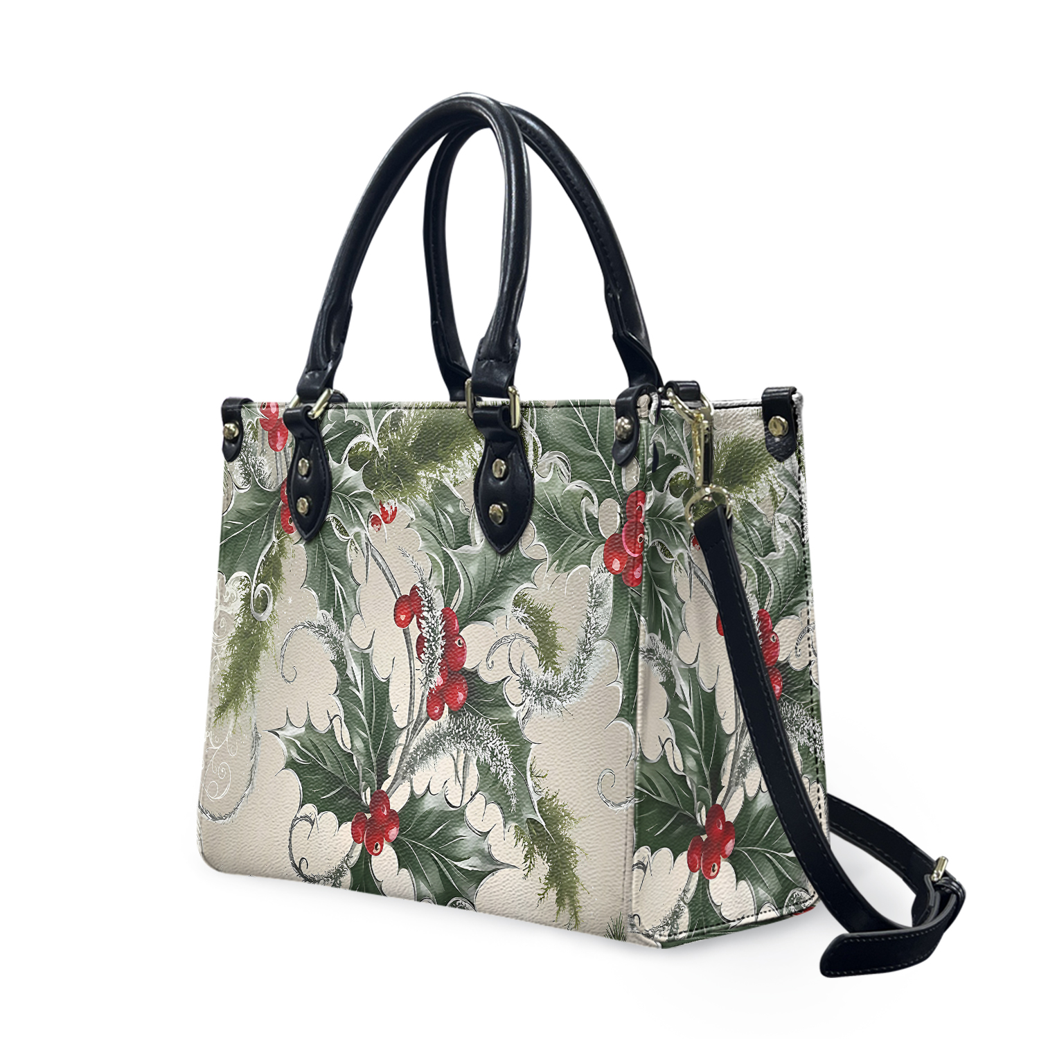 Luxury Women leather Handbag 3 sizes beautiful Christmas garland and red berry holly Holiday fall winter season design