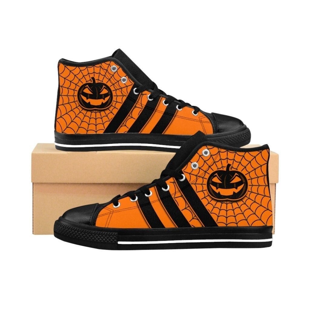 Mens Halloween Shoes, Orange Black Pumpkin Sneakers Spiderweb Creepy Spooky Classic High Tops, All Hallows Eve, Spoopy Jack o Lantern