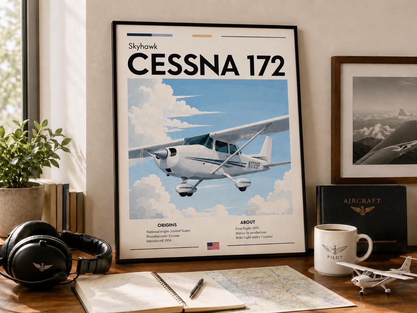 Cessna 172 Skyhawk Poster, Vintage Aviation Art Print, Pilot Gift, Flight School Decor