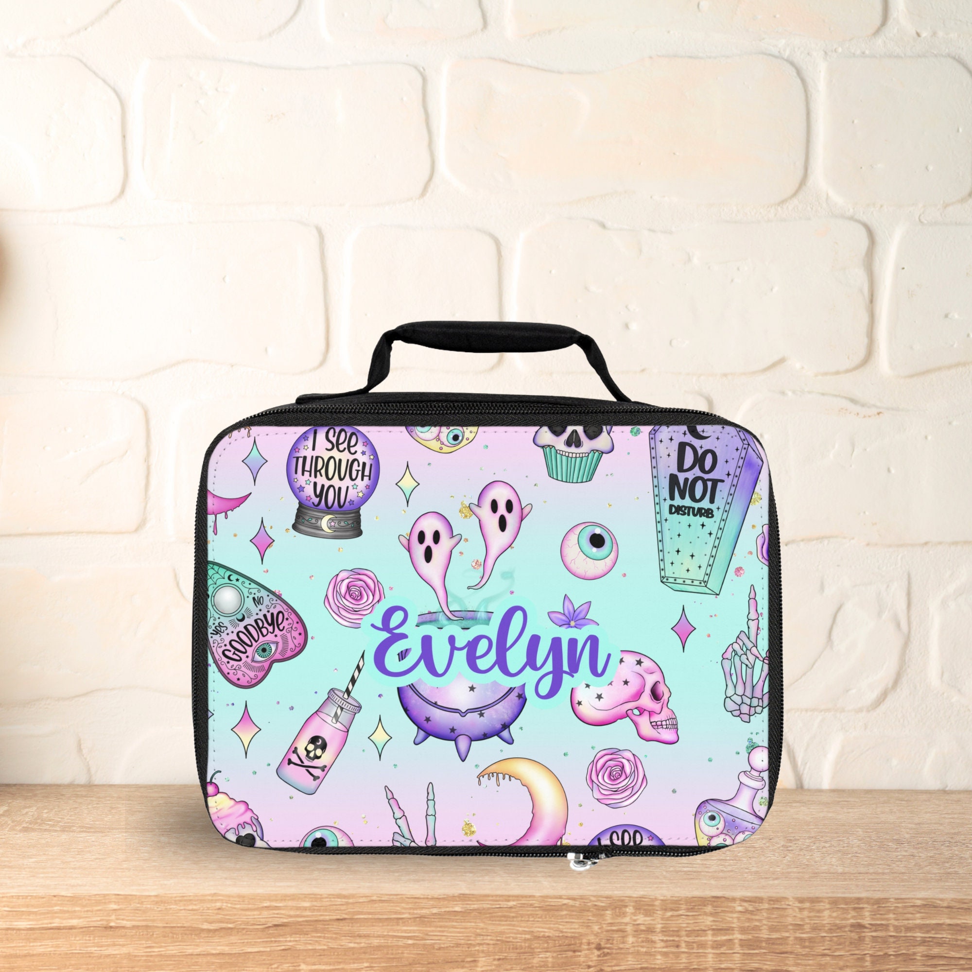 Personalized Pastel Goth Lunchbox / Whimsigoth Halloween Candy Lunch Box / Spooky Pink Lunch Bag / Custom Name Insulated Lunch Tote for Girl