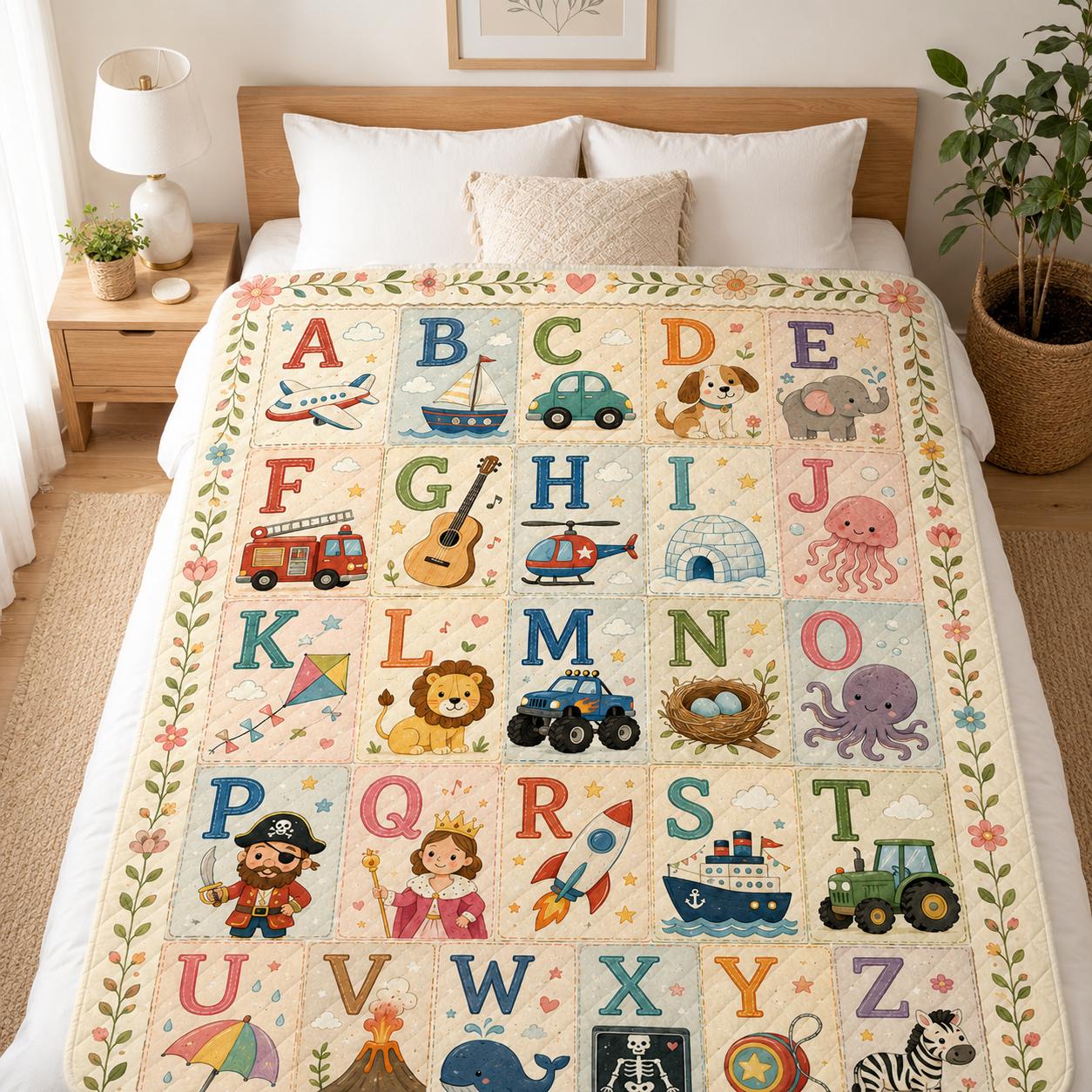 Alphabet Quilt Blanket, ABC Nursery Throw, Kids Learning Animal Letters Blanket, Baby Shower Gift, Preschool Room Decor