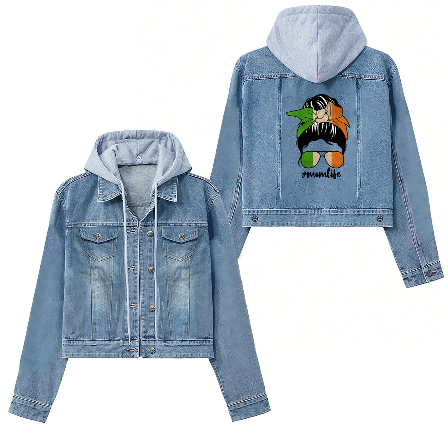 Irish Mom Life Messy Bun Patriotic Ireland Flag Women's Denim Jackets