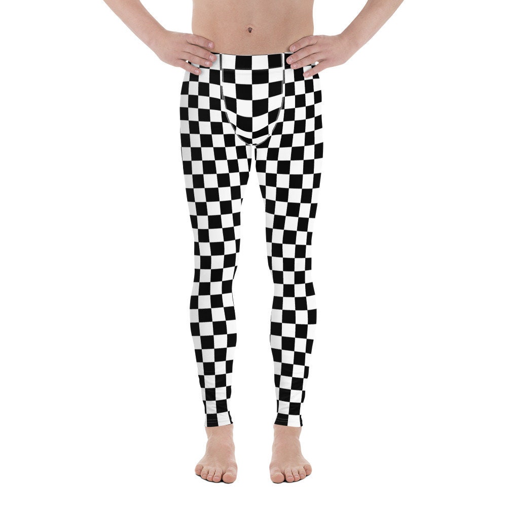 Checkered Men's Leggings, Black White Squares Check Printed Yoga Sports Running
