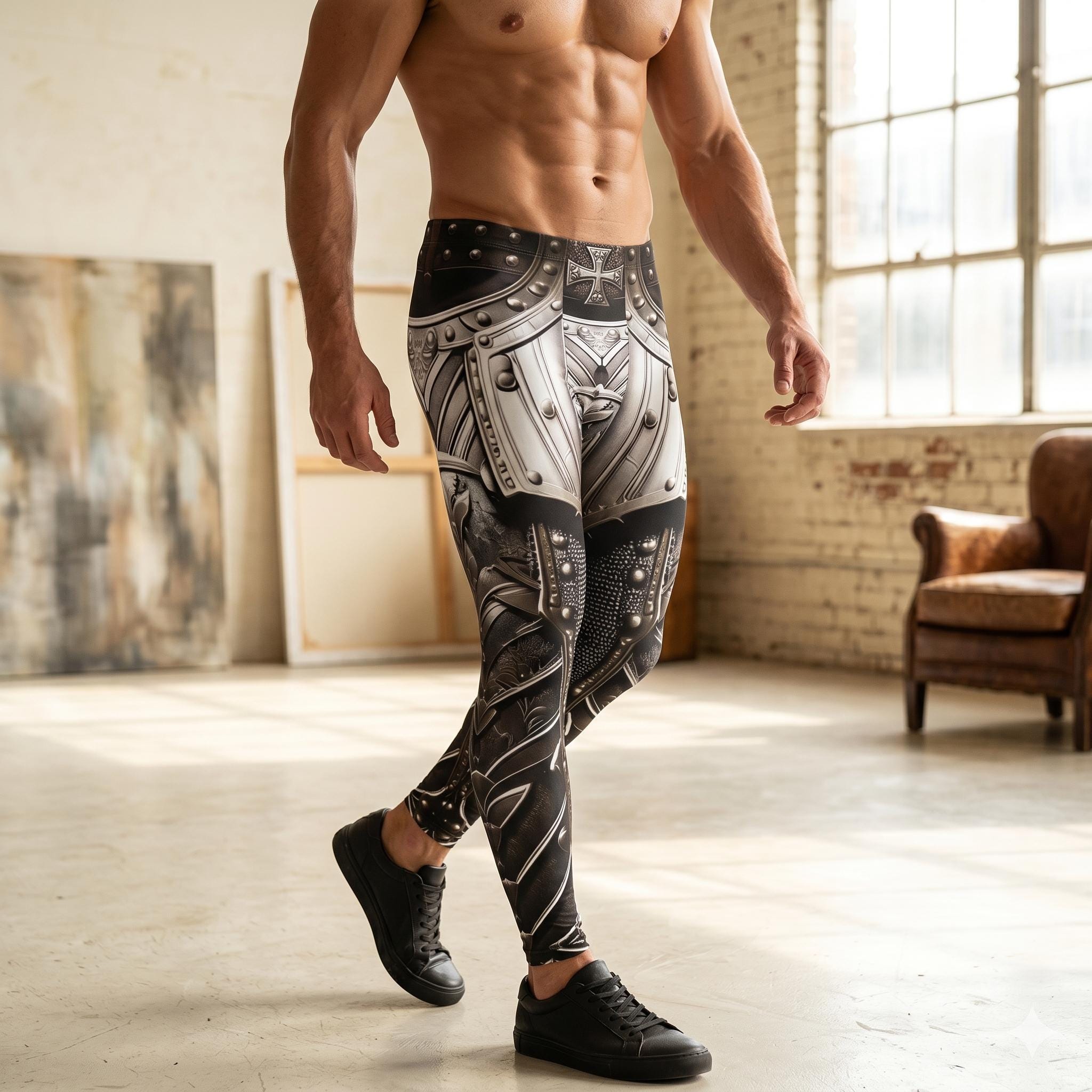 Gladiator Mens Leggings 3D LARP Battle Exoskeleton Armor Silver Workout Pants Cycling Athletic Fitness Running Exercise, Steampunk Wrestling
