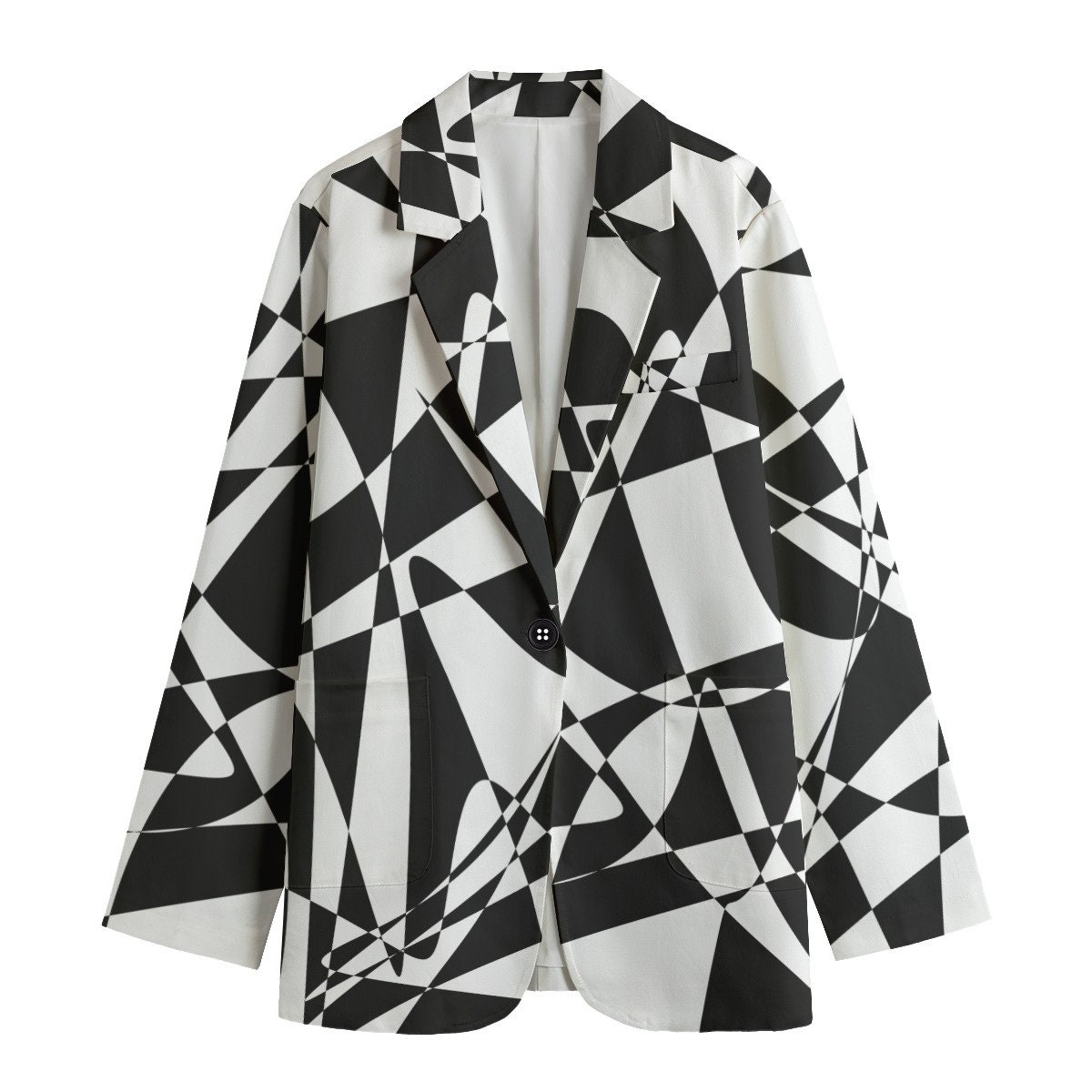 Black and White Jacket, Geometric Long Sleevs Blazer For Her, Black & White All-Over Print Women's Leisure Blazer, Women Girls Blazer