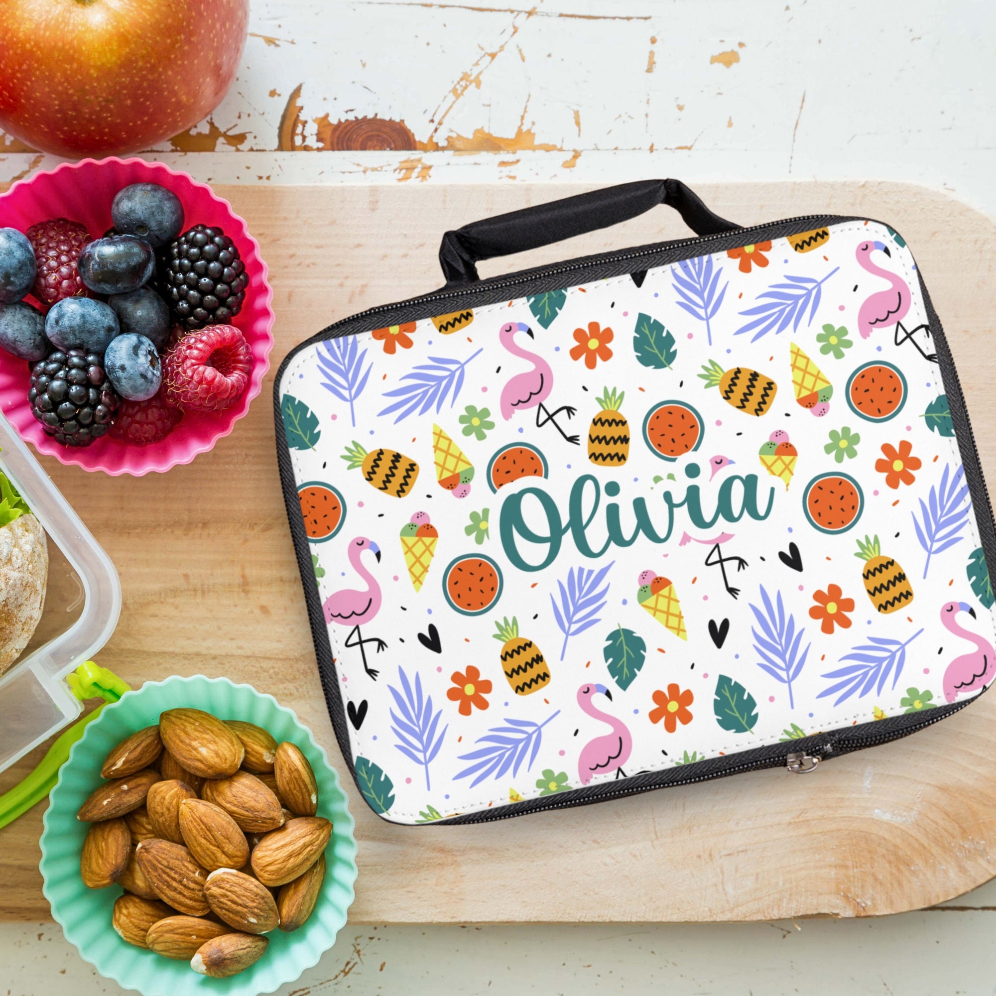 Personalized Flamingo Lunchbox / Tropical Fruit Travel Snack Bag / Girl Custom Lunch Box / Custom Name Insulated Lunch Tote for School Lunch