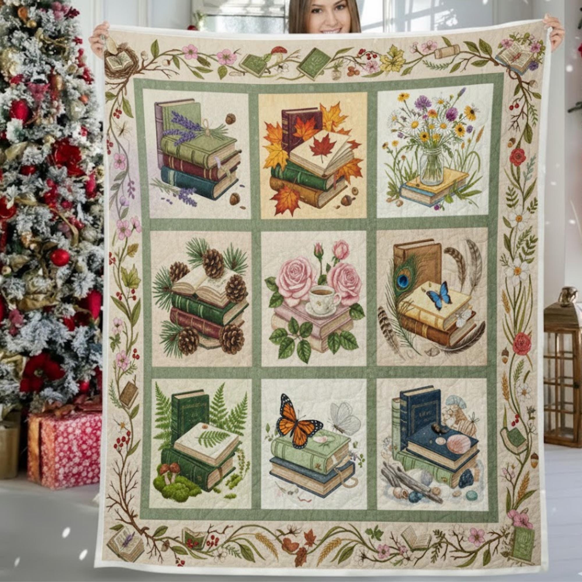 Botanical Book Stacks Quilt, Nature Lover Reading Blanket, Wildflower and Bookworm Gift, Cottagecore Floral Library
