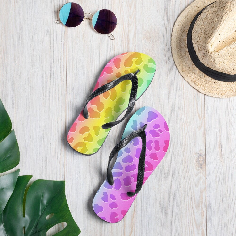 Neon Rave Outfit | Neon Rainbow Leopard Flip-Flops | Rave Flip-Flops | Rave Wear | Rave Outfit | Burning Man Outfit | Rave Outfit Footwear