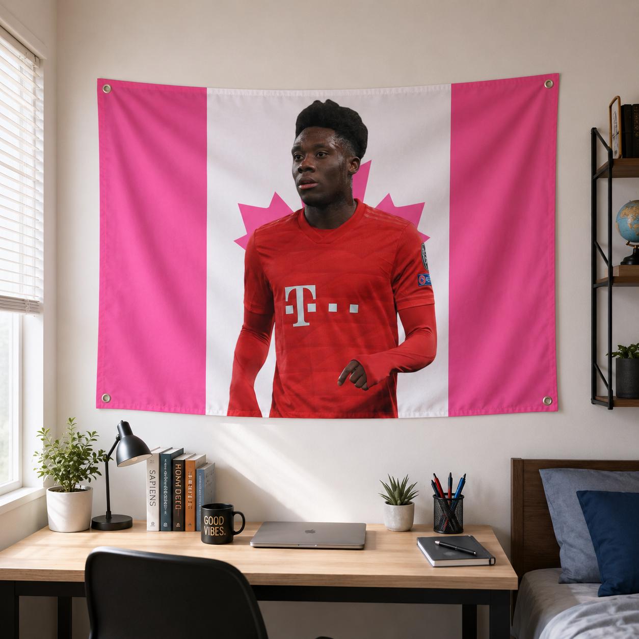 Alphonso Davies Flag | Pink Canada Aesthetic Soccer Tapestry | Canadian Football Star Wall Decor | World Cup fan flag