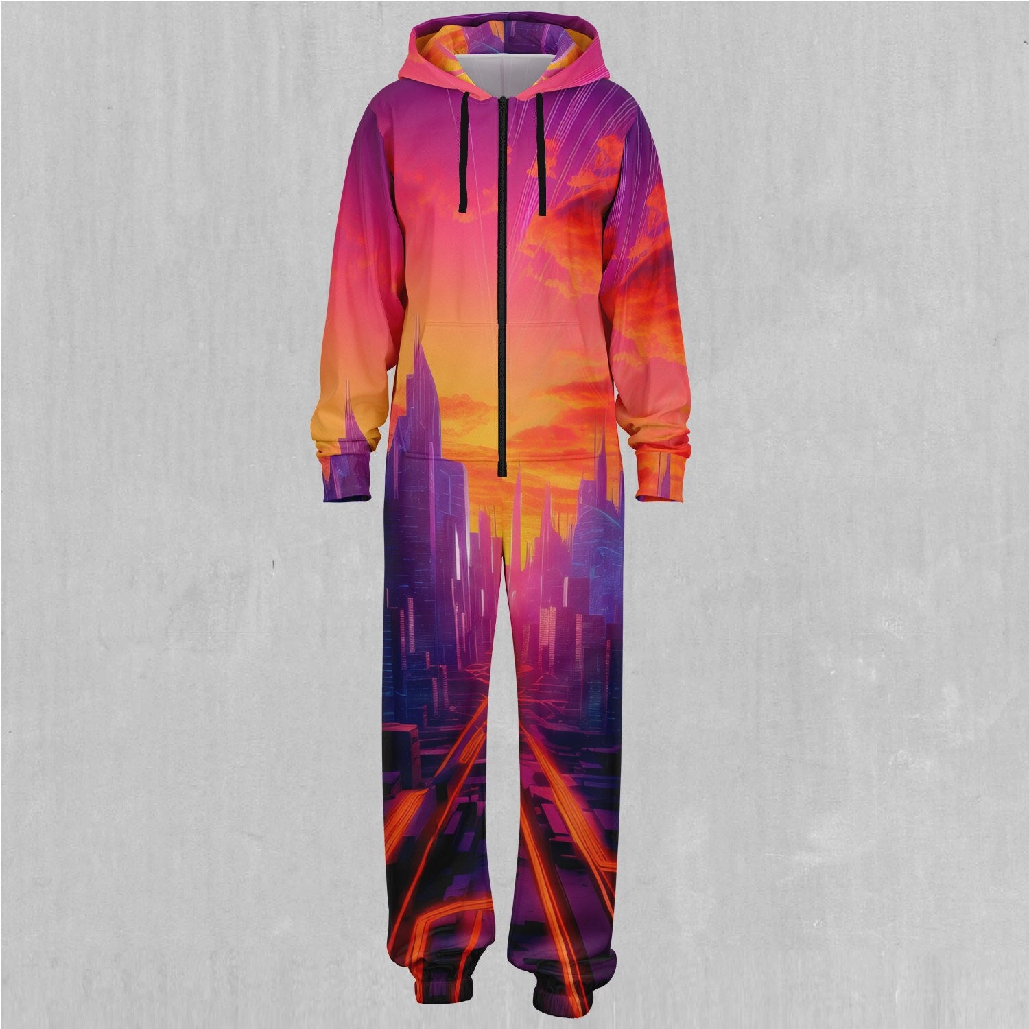 Neon Skyline Retro Vaporwave Synthwave Adult Zip Up Jumpsuit Pajamas