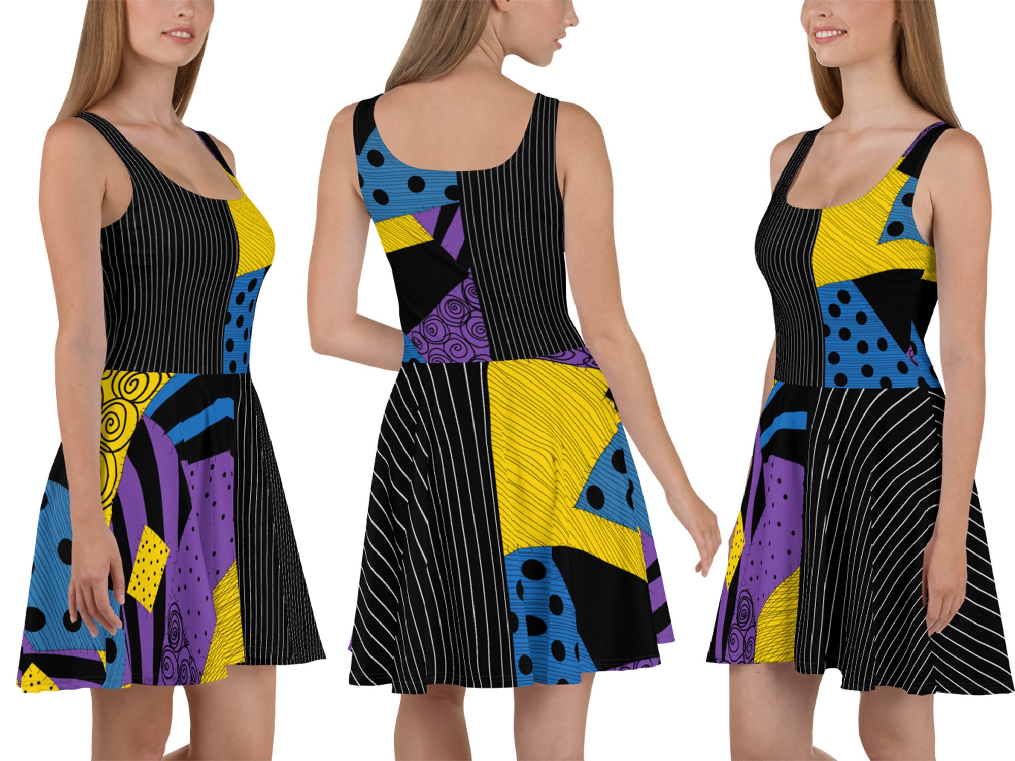 Sally Jack Half Half Skater Dress Women Halloween Christmas Patchwork Costume Running Patched Striped Outfit Gift Party