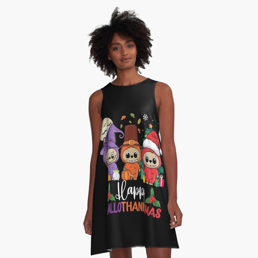 Happy - Hallothanksmas - Labubu Lover - H.a.l.l.o.w.e.e.n A-Line Dress, Gift for Her