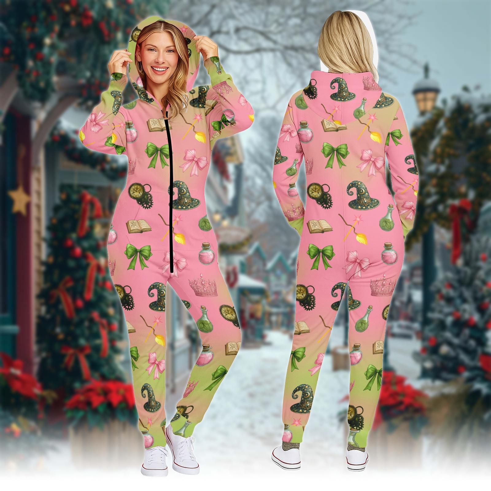 Wicked Glinda and Elphaba Hooded Jumpsuits for Women & Men, Cozy Christmas Pajamas, Winter Gift
