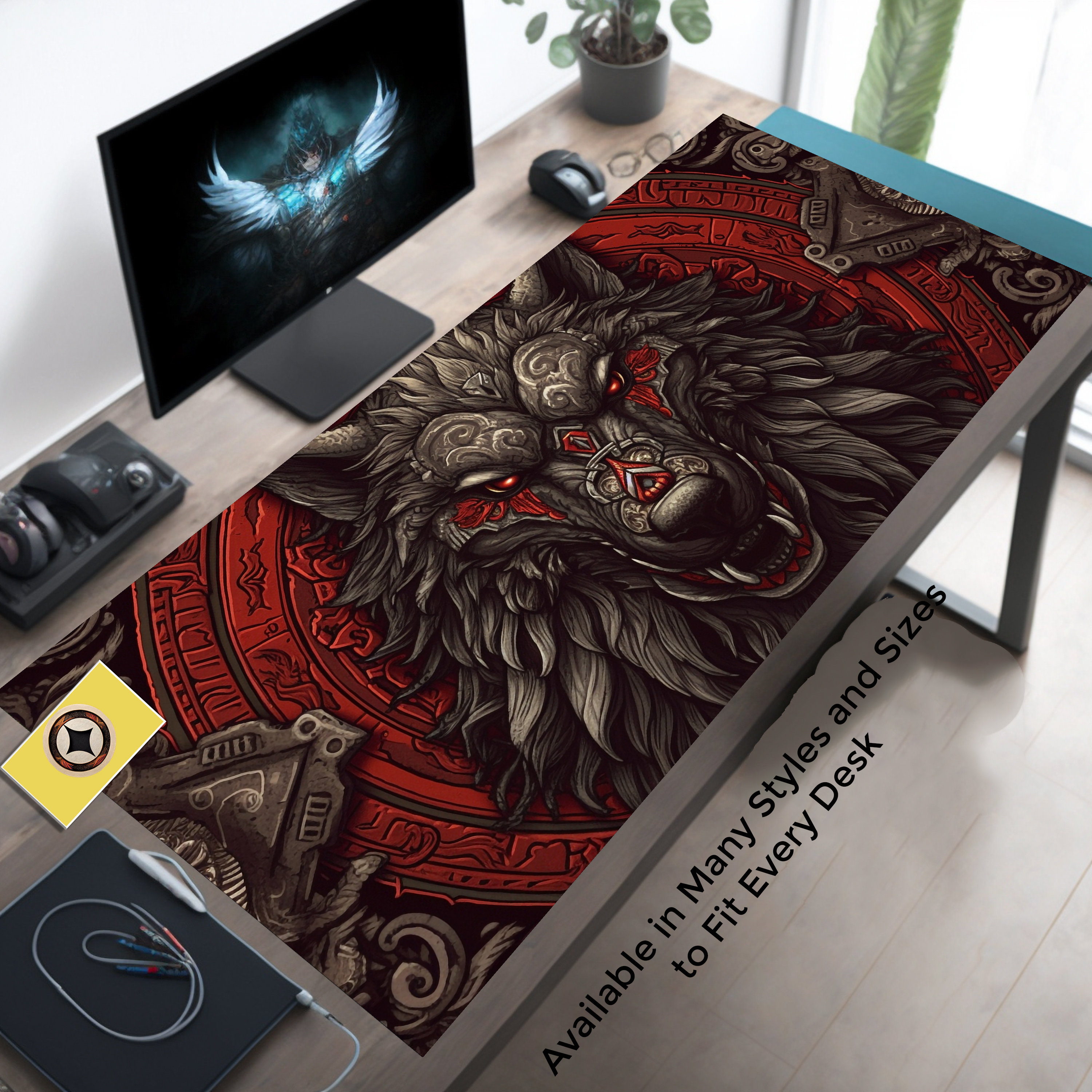 Viking Dire Wolf Desk Mat, Norse Nordic Gaming Mouse Pad