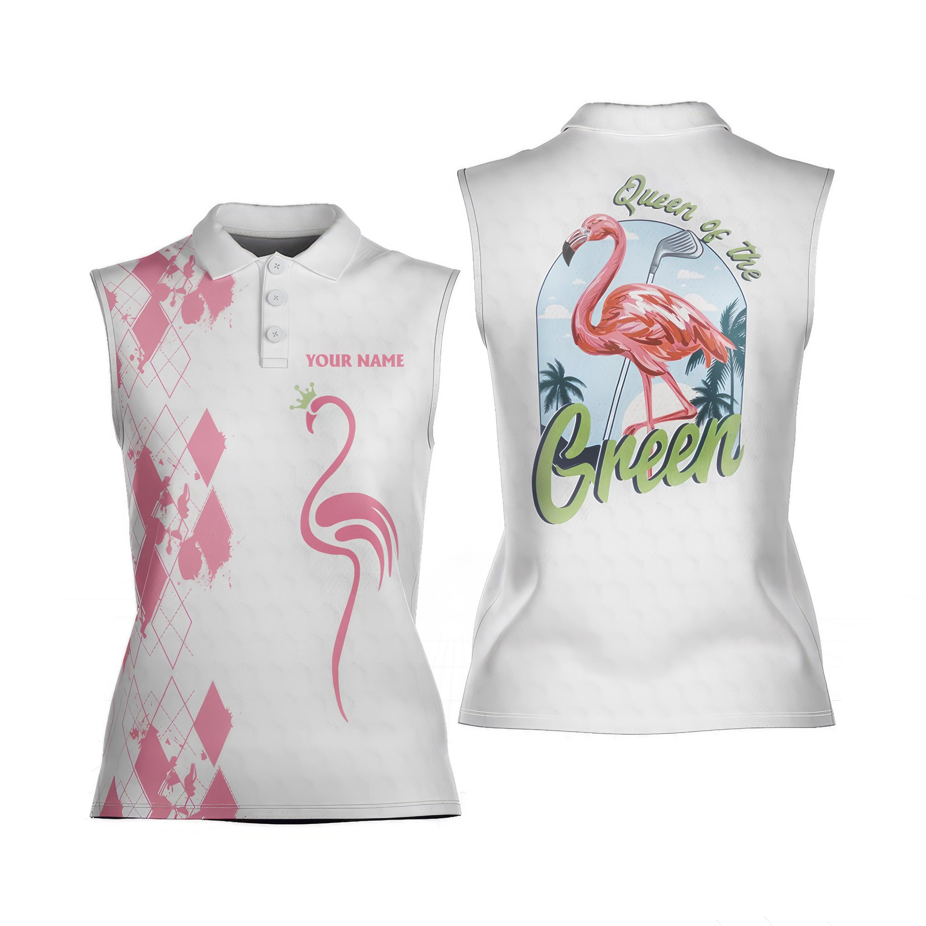Queen of the Green Women's Sleeveless Golf Polo with Flamingo Design