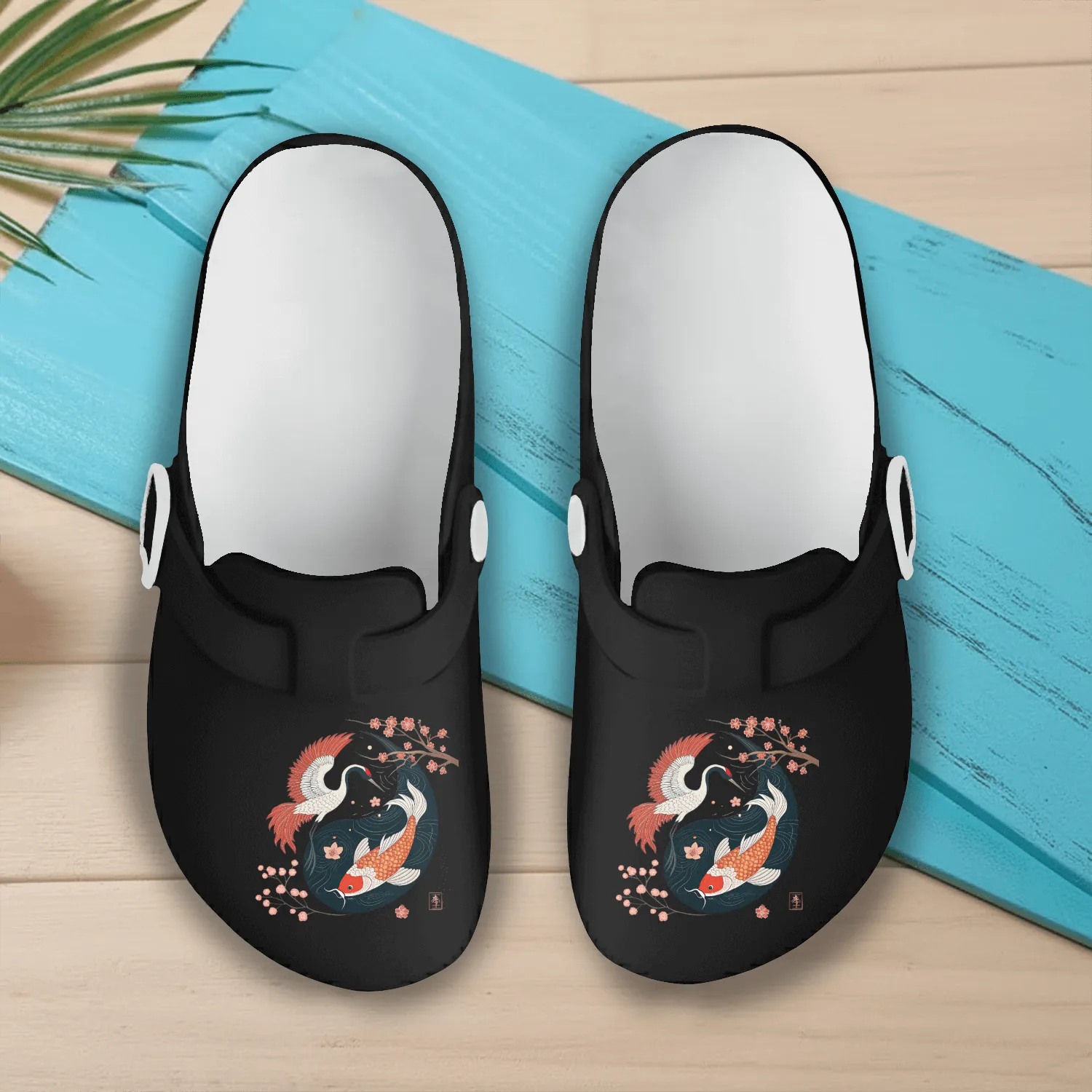 Japanese Crane and Koi Yin Yang Symbol of Harmony Slip On Clogs
