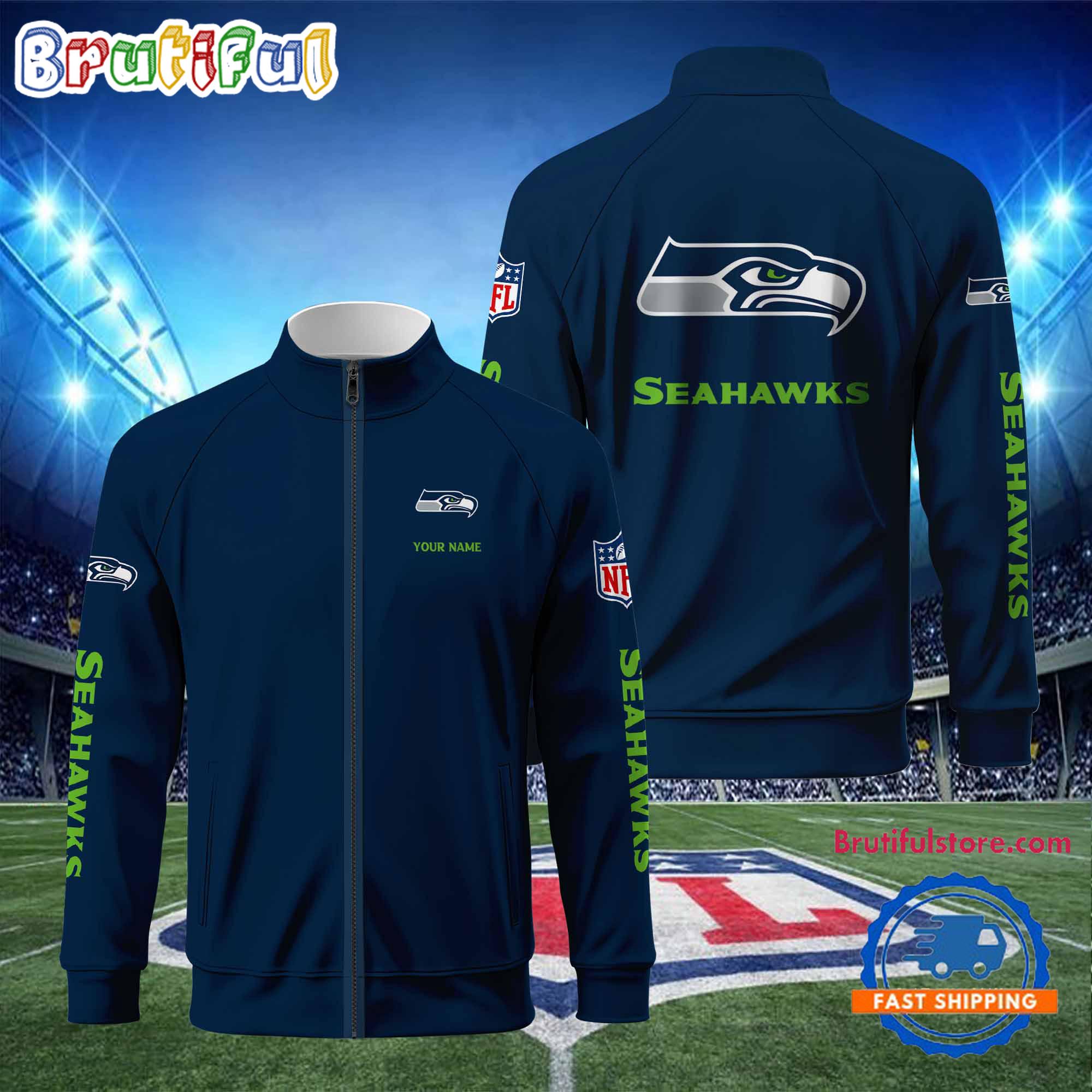 Seattle Seahawks Football Logo Team Standing Neck Zipper Jacket, Custom Football Zipper Jacket