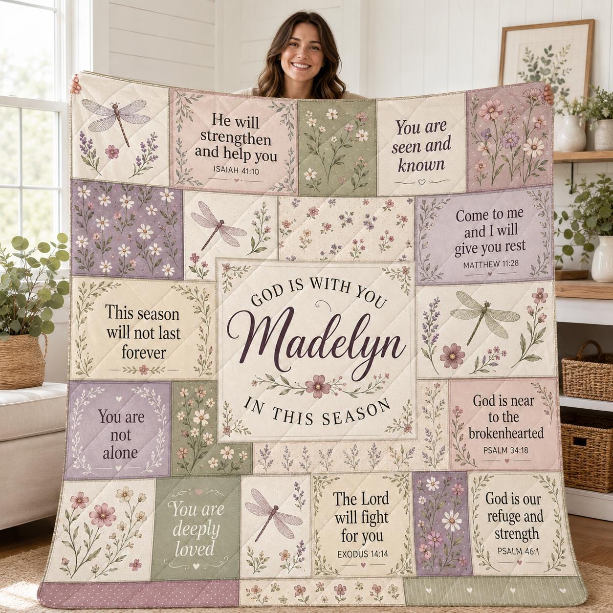 Personalized Christian Quilt, Custom Name Bible Verse Floral Quilt Blanket