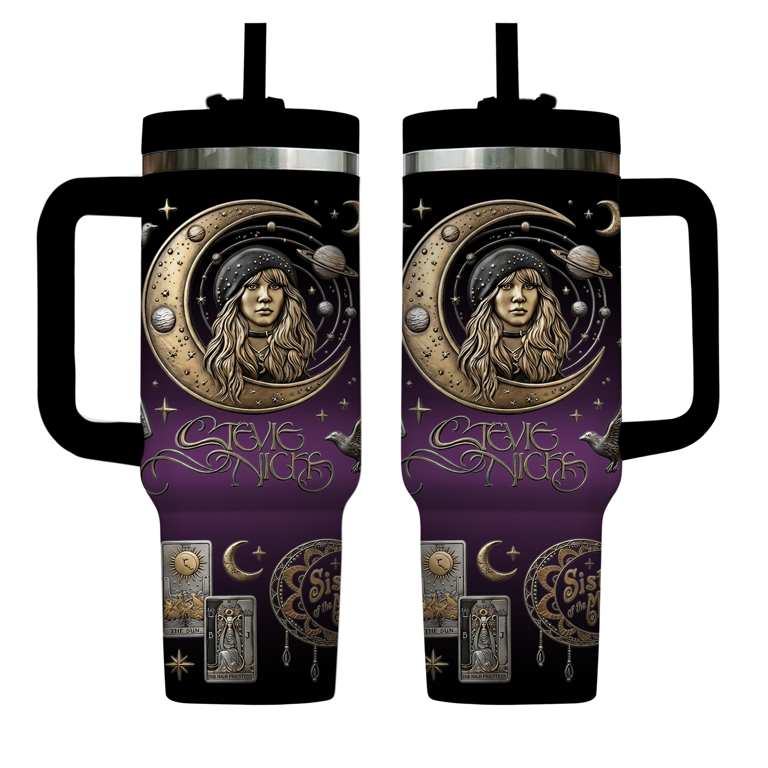Stevie Nicks 40oz Tumbler With Handle Witchy Moon Vibes Insulated Cup Fleetwood Mac Fan Gift Boho Travel Mug Gypsy Style Iced Coffee Cup