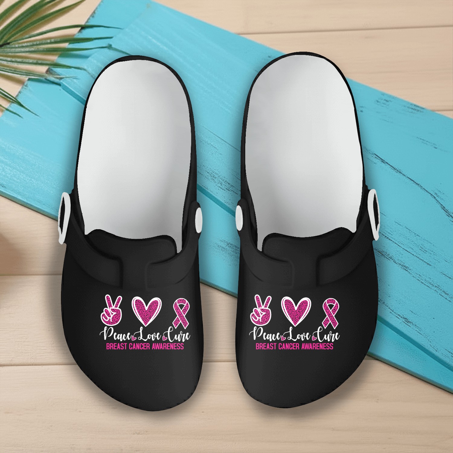 Peace Love Cure Breast Cancer Awareness Slip On Clogs