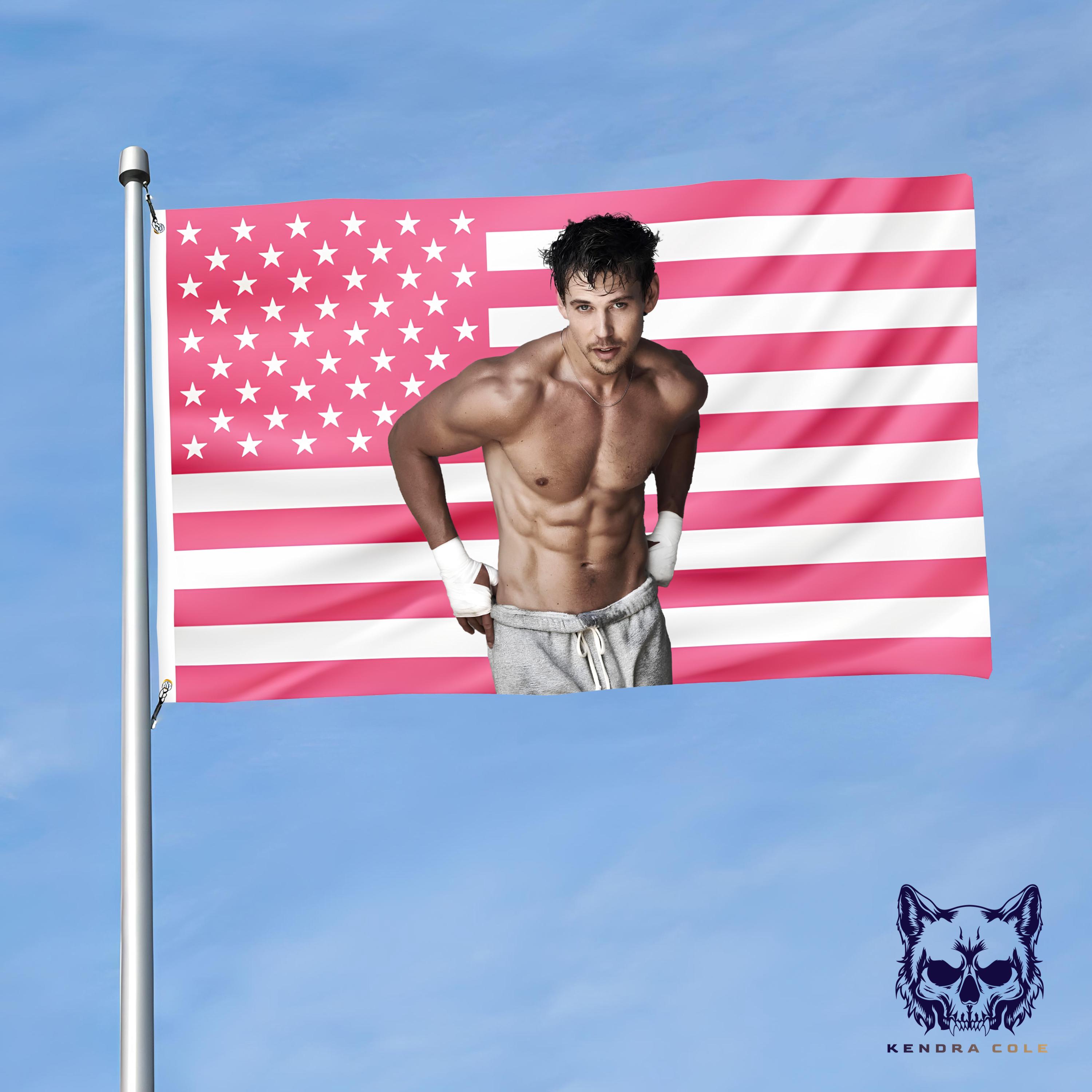 Austin Butler Pink Flag Tapestry | Movie Star Wall Decor | Custom U.S. Flag Poster | Celebrity Lover Gift | Bedroom & Dorm Wall Hanging