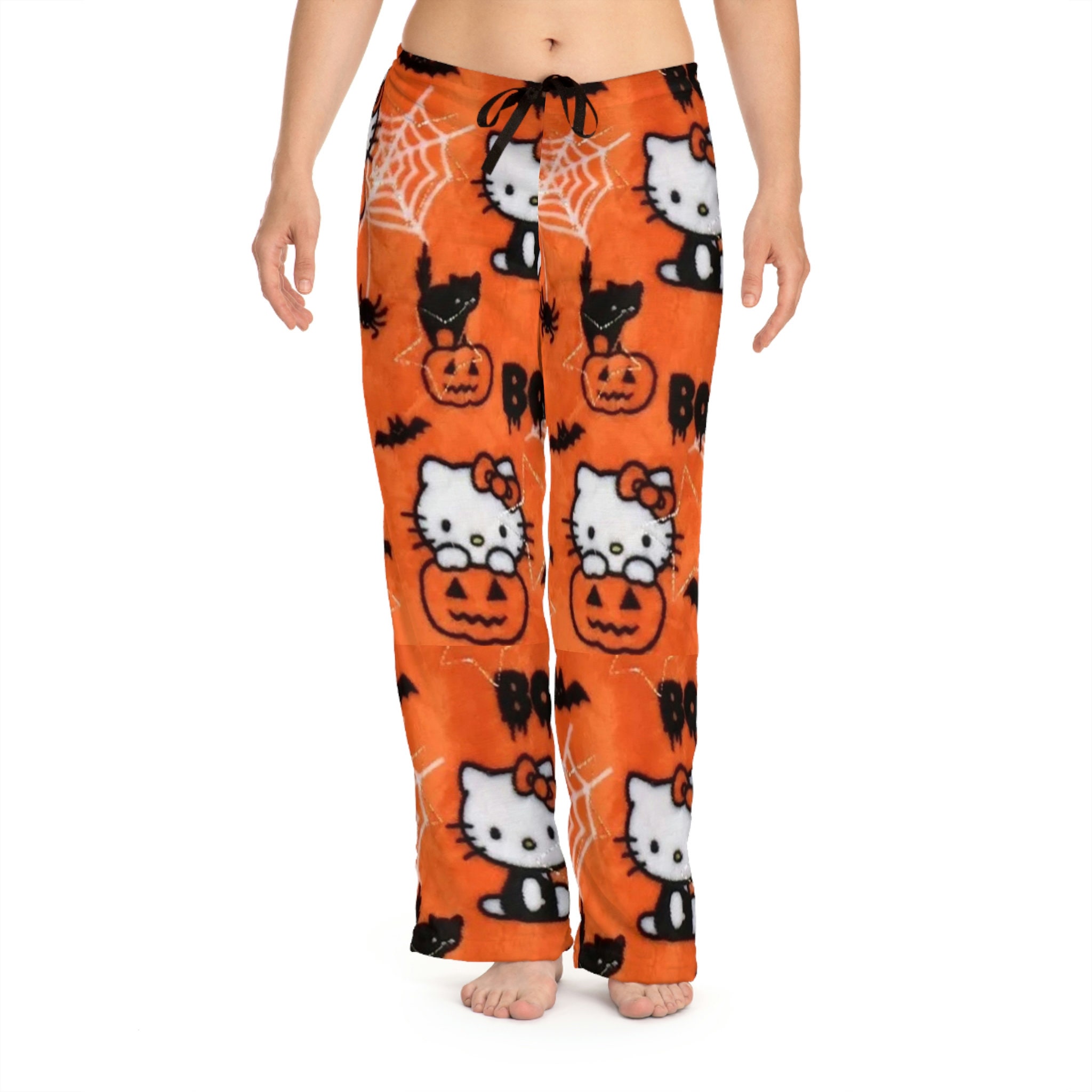 Made in USA Retro orange spiderwebs Halloween spooky black cat Kuromi Kitty Pajama Pants Lounge sleep Cozy Holiday Anime Gift