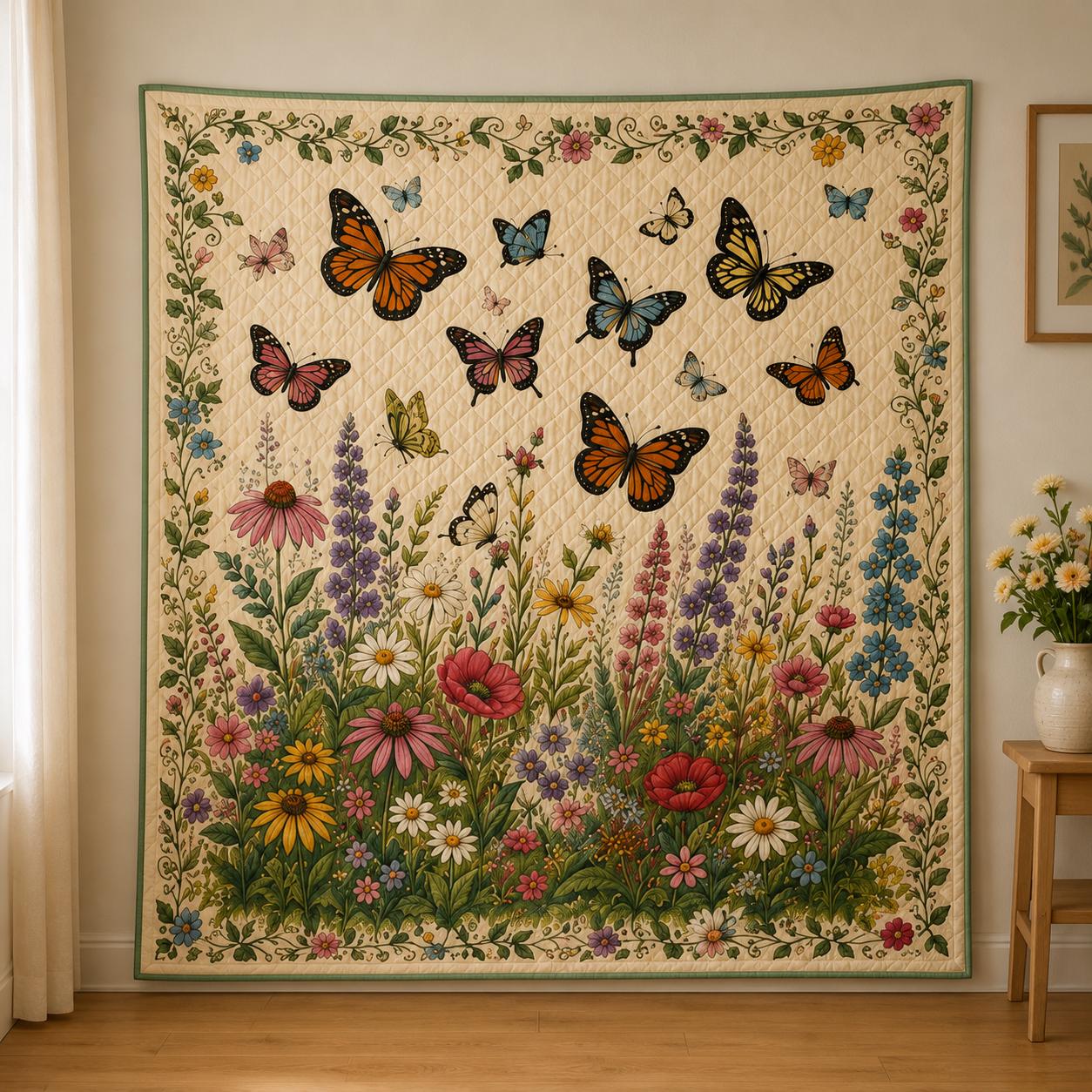 Butterfly Wildflower Quilt Blanket, Monarch Butterfly, Floral Garden Bedding, Cottagecore Nature Quilt, Botanical Home Decor
