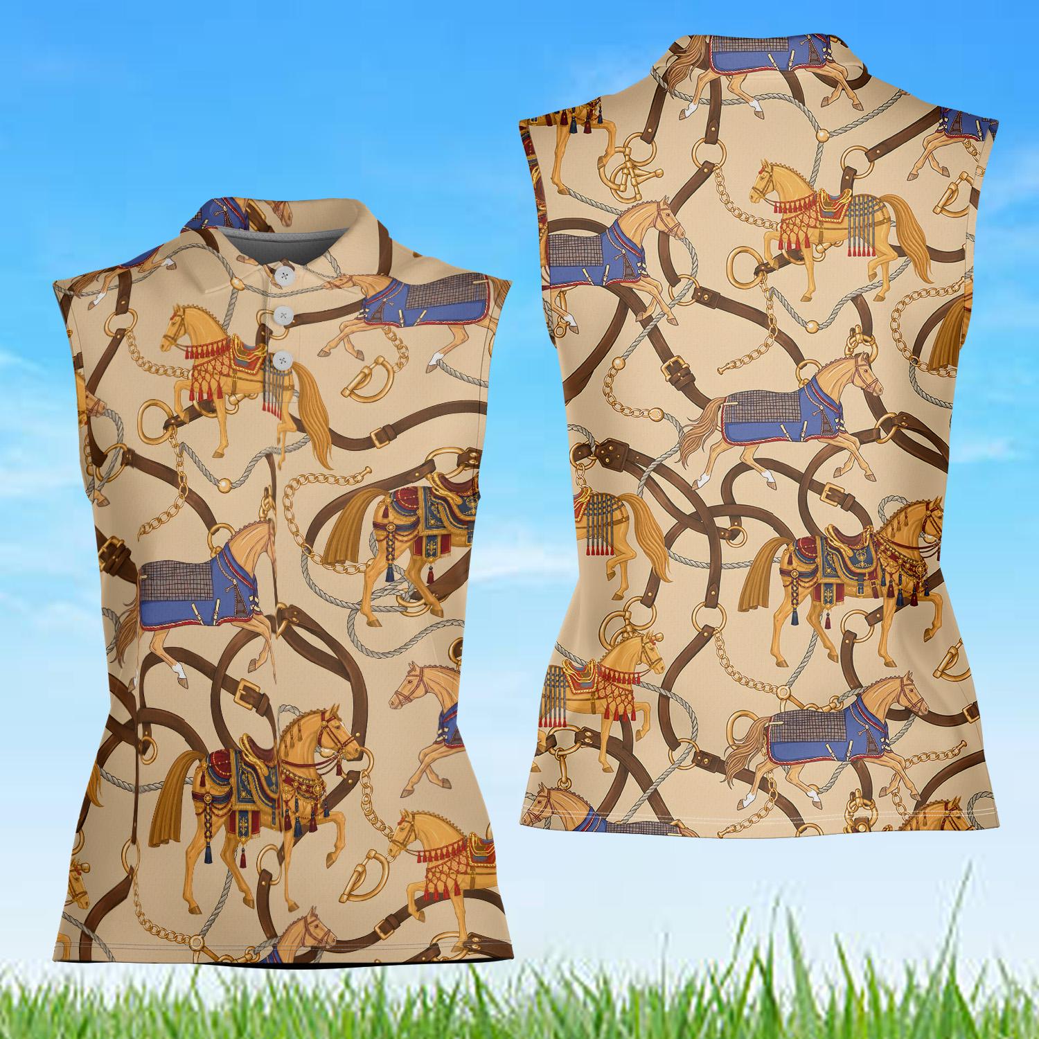 Women Sleeveless Equestrian Polo Shirt, Horse Racing Pattern Golf Polo, Sports Shirt